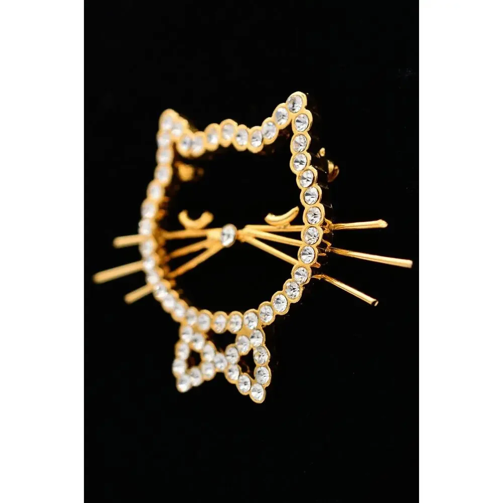 Vintage Cat Pin Brooch Sparkling Rhinestone Crystal Gold Tone Heavy 1990s BinAT